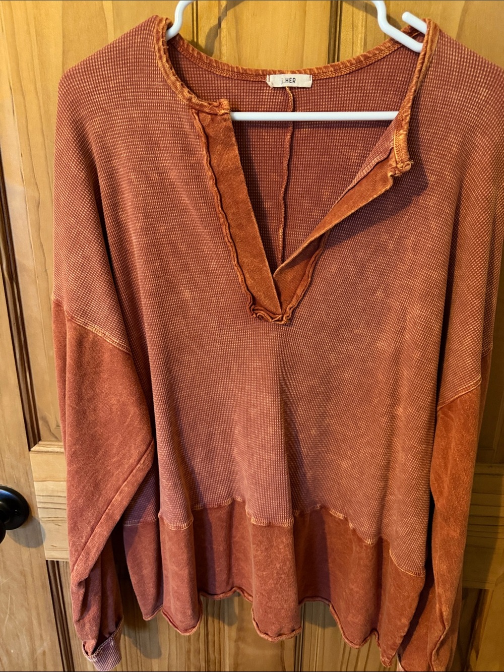 j. HER Rust Long Sleeve V-Neck Waffle Knit Top